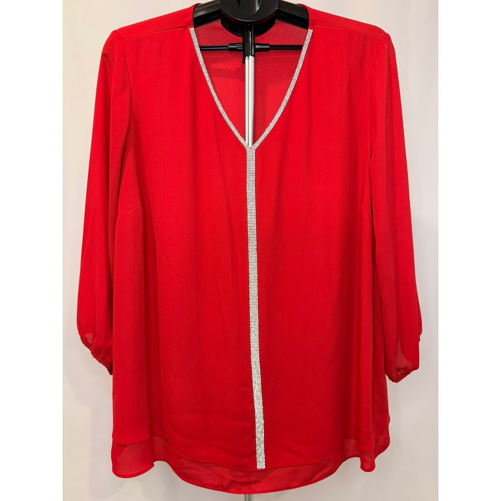 JM Collection Blouse Red with Sparkling Rhinestone V-Neck Chiffon Top Women's 2X